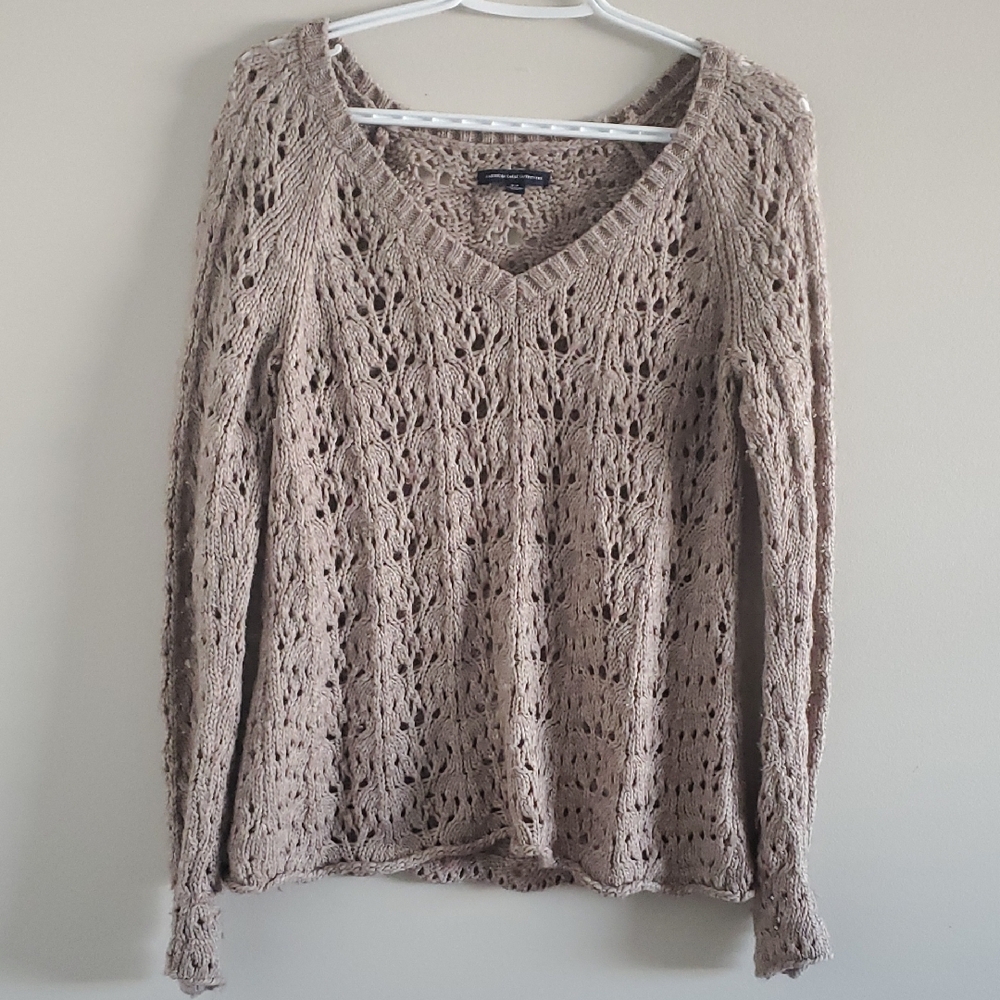 American Eagle Outfitters Wool Blend Beige V-Neck Open Stich Boho Sweater Sz S